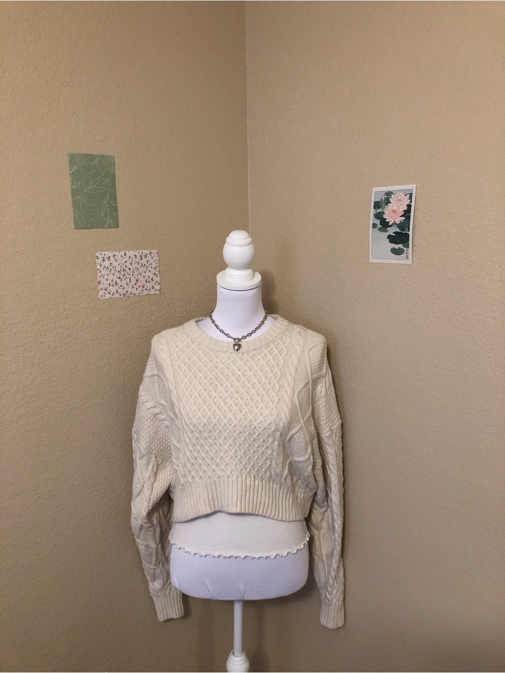 Sunday Best Cream Cable-Knit Cropped Crew Sweater